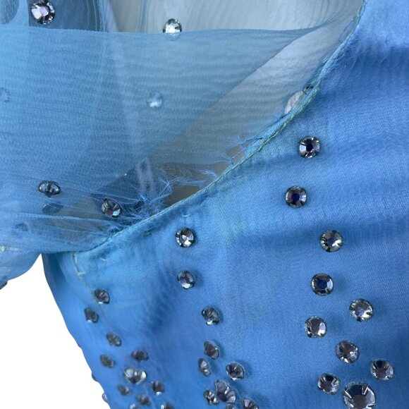 Vintage Womens Blue Embellished Sheer Long-Sleeve Gown With Beaded Overlay - Picture 9 of 16